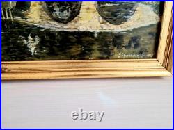 Tableau à l'Huile sur Toile Signé Mayordomo Cadre Doré Village Belcastel