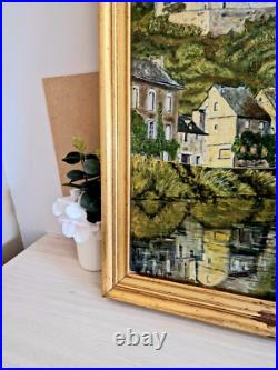 Tableau à l'Huile sur Toile Signé Mayordomo Cadre Doré Village Belcastel
