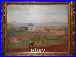 Tableau ancien 19 siècle peinture paysage agriculteur campagne G BUSSIERE