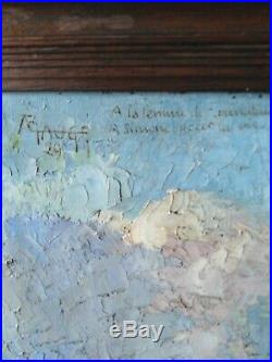 Tableau ancien Bretagne Concarneau paysage marine pins maritimes bateau
