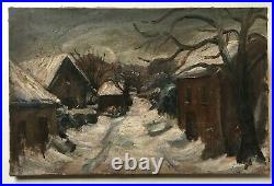 Tableau ancien, Huile sur toile, Village enneigé, XXe