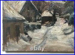 Tableau ancien, Huile sur toile, Village enneigé, XXe