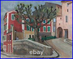 Tableau ancien, Huile sur toile sans châssis, Village Coloré Animé, Peinture XXe