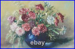 Tableau ancien LESPINASSE huile sur toile bouquet de fleurs Pivoines début XXe