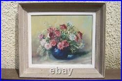 Tableau ancien LESPINASSE huile sur toile bouquet de fleurs Pivoines début XXe