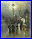 Tableau ancien PARIS rue animée nocturne, belle époque, calèche, lampadaire Signé