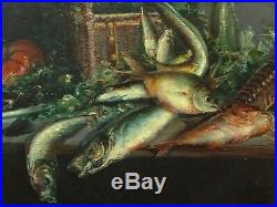 Tableau ancien XIX grande nature morte aux poissons et fruits de mer, langouste