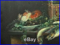 Tableau ancien XIX grande nature morte aux poissons et fruits de mer, langouste