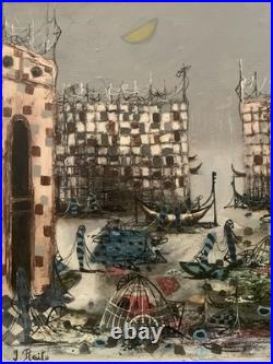 Tableau ancien hst paysage animé canal Venise gondole J. RAITO dlg Jean Calogero