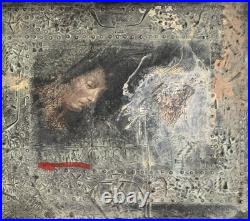 Tableau ancien huile composition mixte sculpture boulons femme mélancolie signé