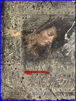 Tableau ancien huile composition mixte sculpture boulons femme mélancolie signé