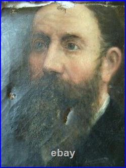 Tableau ancien huile peinture toile portrait homme barbe 19e à restaurer man oil