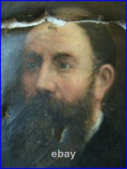 Tableau ancien huile peinture toile portrait homme barbu barbe 19e à restaurer