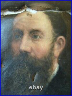 Tableau ancien huile peinture toile portrait homme barbu barbe 19e à restaurer