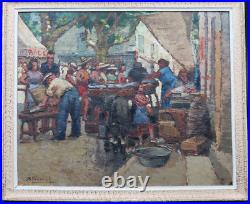 Tableau ancien huile scène de genre Bandol marché au poissons