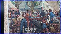 Tableau ancien huile scène de genre Bandol marché au poissons