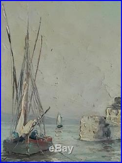 Tableau ancien huile sur toile marine port pêche Bretagne milieu XXème (signé)