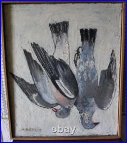 Tableau ancien huile sur toile signée Marius Berton, pigeons ramiers