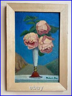 Tableau ancien huile toile bouquet roses fleurs signé NICA XXe surréalisme déco