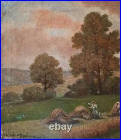 Tableau ancien impressionniste Barbizon signé huile 41cm x 61cm Moisson