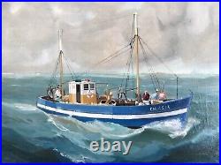 Tableau ancien marine hst signée Fortuni bateau de pêche en mer 1940 Granville