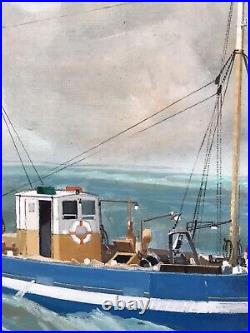 Tableau ancien marine hst signée Fortuni bateau de pêche en mer 1940 Granville