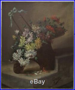 Tableau ancien nature morte aux fleurs signé peinture huile /toile fin XIXe 1900