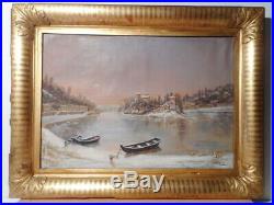 Tableau ancien peinture 19 siècle Lyon Ile Barbe bord rivière Saone hivers