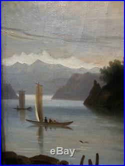 Tableau ancien peinture école Romantique paysage lac montagnes cadre doré XIXe