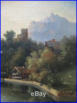 Tableau ancien peinture école Romantique paysage lac montagnes cadre doré XIXe