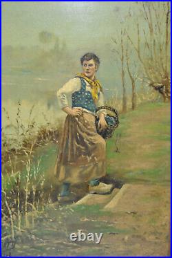 Tableau ancien peinture femme lavandière panier bord rivière cary