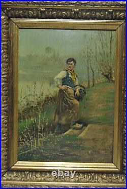 Tableau ancien peinture femme lavandière panier bord rivière cary