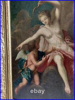 Tableau ancien peinture huile Ecole Italienne 18 ème Diane et Cupidon painting