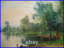Tableau ancien peinture paysage campagne bord rivière personnage gout Barbizon 1