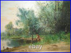 Tableau ancien peinture paysage campagne bord rivière personnage gout Barbizon 1