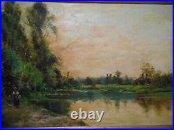 Tableau ancien peinture paysage campagne bord rivière personnage gout Barbizon 2