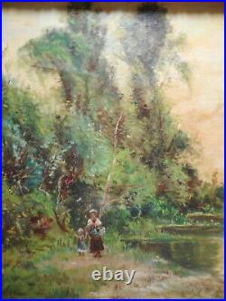 Tableau ancien peinture paysage campagne bord rivière personnage gout Barbizon 2