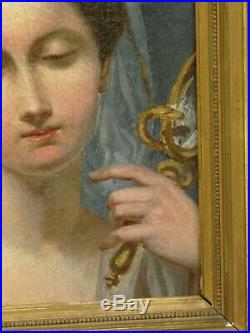 Tableau ancien, portrait de femme couronnée miroir et serpent, fin XVIII° siècle