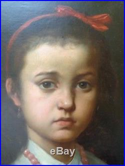 Tableau ancien portrait fille Hippolyte BERTEAUX 1843-1926 peinture signé daté