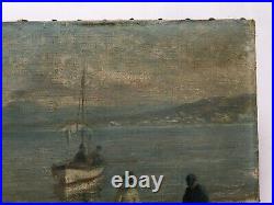 Tableau ancien signé, Huile sur toile, Michel Sturla, Plage animée, Peinture XXe