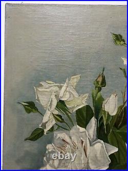 Tableau ancien signé, Huile sur toile, Nature morte, Roses blanches, Début XXe