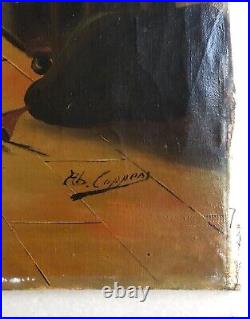 Tableau ancien signé, Intérieur flamand, Huile sur toile, Peinture, Milieu XXe