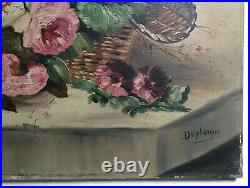 Tableau ancien signé, Nature morte, Corbeille fleurie, Huile sur toile, Déb. XXe