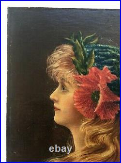 Tableau ancien signé, Portrait de femme, Huile sur toile marouflée, Début XXe