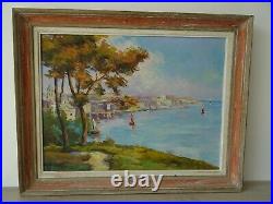 Tableau bord de mer vue de Corse port d'Ajaccio huile sur toile signé 72 x 57 cm