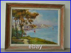 Tableau bord de mer vue de Corse port d'Ajaccio huile sur toile signé 72 x 57 cm