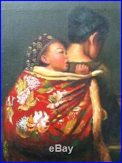 Tableau contemporain Beau Portrait Enfant et Mère Chinoise Huile sur toile