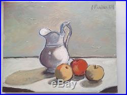 Tableau expressionniste Nature morte au pomme Huile signée gout Giorgio Morandi