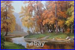 Tableau, grande huile sur toile, signée peintre russe, forêt en automne, 69x49.5