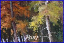 Tableau, grande huile sur toile, signée peintre russe, forêt en automne, 69x49.5